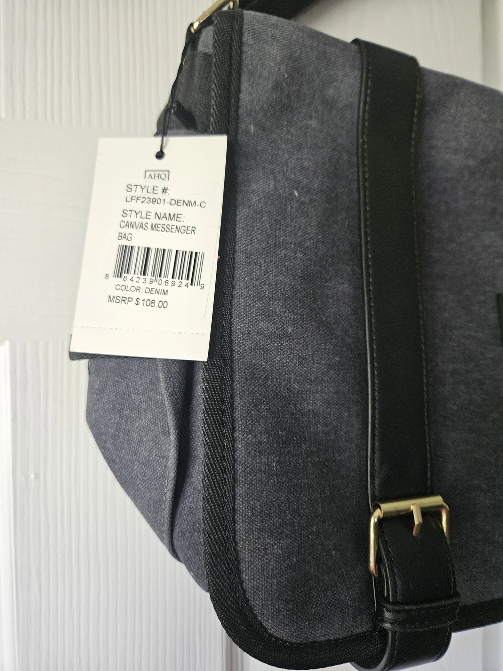 London Fog Denim Canvas Laptop Messenger Bag with Black Strap